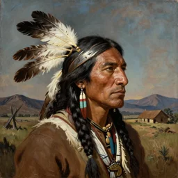 a head and shoulder painting of a rugged American native Apache warrior with an eagle feather in his braided hair with a rugged Texas hill-country background, in the style of George Catlin, insanely detailed, extremely moody lighting, glowing light and shadow, atmospheric