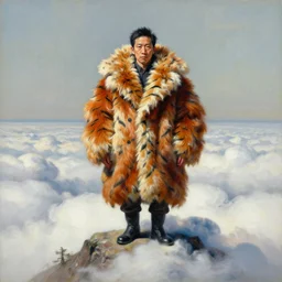 Portrait Portrait of Pootie Tang the Guy emerging from poofy tigerskin coat whilst standing atop a cloud-covered mountain peak greg rutkowski dan witz paul klee andrew wyeth tom bagshaw stanton feng bastien lecouffe-deharme tombow oil painting