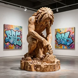 octane render ultra photo realistic image, sculpture carving wooden graffiti streetart cyberpunk on the art contemporary gallery art
