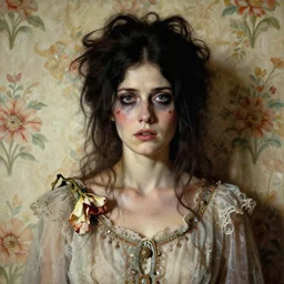 a beautiful and eerie baroque painting of a beautiful but serious woman in layers of fear, with haunted eyes and dark hair piled on her head, 1 9 7 0 s, seventies, floral wallpaper, wilted flowers, morning light showing injuries, a little blood, delicate ex embellishments, painterly, offset printing technique