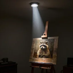a single beam of light enter the room from the ceiling. the beam of light is illuminating an easel. on the easel there is a rembrandt painting of a raccoon.