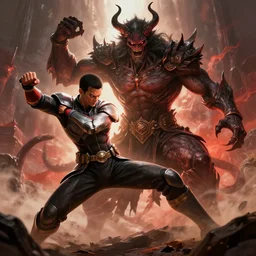 hero fighting the demon lord, high quality, trending, stylized