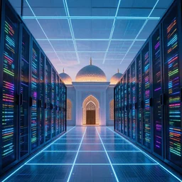 cybernetic mosque interior, twilight, surreal, data center, grid, neon