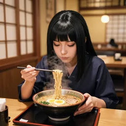 Hinata Hyuga cosplayer carefully eating steaming ramen in an eleegant japanese room, hdr iphone, focus, sharp, aesthetic