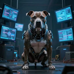 cyborg - pitbull, surrounded by screens, in 2 0 5 5, y 2 k cybercore, industrial low - light photography, still from a kiyoshi kurosawa movie