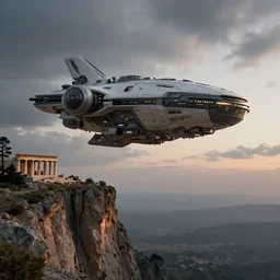 A large space futuristic craft hovering next to a cliff, gloomy skies, dawn, artwork by Stefan Kopinski and  Guillem H. Pongiluppi, greek setting, photo realistic, volumetric lighting, HDR, 4k, high detail