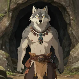 burly character portrait feature of the anthro male anthropomorphic wolf fursona animal person wearing tribal primitive caveman outfit belt standing in the entrance to the cave, center framed character design stylized by charlie bowater, ross tran, artgerm, makoto shinkai, detailed, soft lighting, rendered in octane