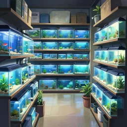 low contrast unassuming mild pleasant pleasing two - point - perspective anime background clean neat clarity professional visual development set design, tiny cozy store with many orderly shelves of bright fish aquariums, neat rows of sparse terrariums, dim painterly lighting volumetric aquatics, impasto, trending on pixiv