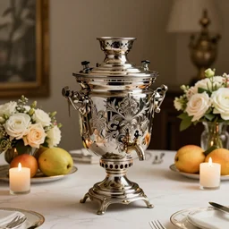product view of ornate Russian samovar on a table with candles, fruit and flower arrangements, photorealism, metal reflections, DSLR, 20mm lens, professional photography, elite, luxury, five-star, Michelin, photographic, CG Society, deep focus, extreme detail, razor sharp