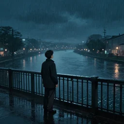 a lonely man on a city bridge looking to the river at midnight, heavy rain, digital art, concept art, octane render, unreal engine 5, ghibli studio, high quality, highly detailed, 8 k, high coherence, high contrast, serene scenery, serene scene, loneliness, sad atmosphere, path traced, anime style, pixar and disney style