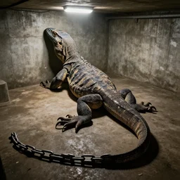 a photograph of a gigantic lizard monster chained up in the concrete basement cellar