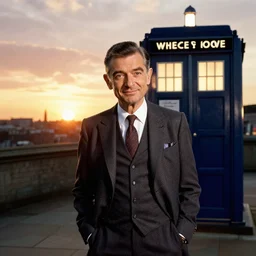 dslr photo portrait still of mr bean as doctor who in front of the tardis at sunset, 8 k, 8 5 mm f 1. 4