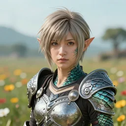 character portrait of an au ra with a pixie cut and dragon scales adorning the skin standing in a field of flowers wearing armor, in the style of final fantasy xiv, octane render, a realistically proportioned face, photorealistic eyes, good value control, smooth, realistic shading, realistic face details, illustration, substance painter, very highly detailed