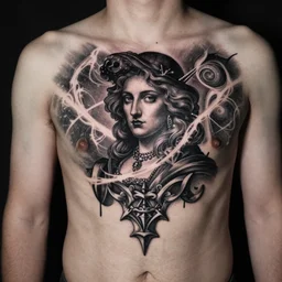 Dark Matter black Rembrandt style on a man's body tattoo quality 8K resolution