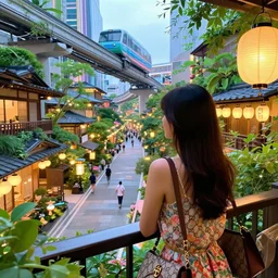 a vibrant dream of a beautiful girl wearing gucci from behind on a balcony looking out over a fancy street in futuristic kyoto japan, lush plants, monorail, onsen, glowing paper lanterns, high fashion, magic details, by moebius, edward hopper, james gilleard, and james jean, hd, 8 k, trending on artstation, uhd,