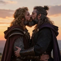 two bearded men in magical costumes kiss in an embrace, a magical kiss, at sunset, fantasy duel, high detail, very realistic, by greg rutkowski, by james gurney ultra clear detailed