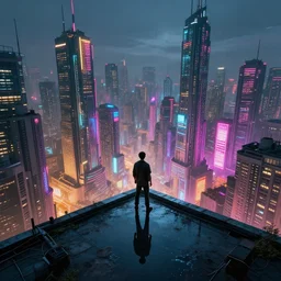 a man standing a top a puddle covered rooftop overlooking a vast colourful cyberpunk city, artstation, highly detailed, ultra realistic, cinematic lighting, 4 k, 8 k, super wide angle, futuristic cyberpunk skyscrapers, cyberpunk neon city