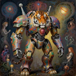 highly detailed portrait of a tiger shaped psychedelic dmt mecha, painting by gaston bussiere, craig mullins, j. c. leyendecker, lights, art by ernst haeckel, john william godward, hammershøi, alex grey
