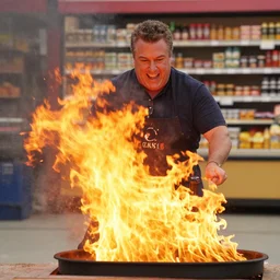 screencap from an episode of guy's grocery games, guy fieri rampaging on fire, set on fire, real photo, motion blur, food network logo in corner, hd image, tmz, deleted scenes