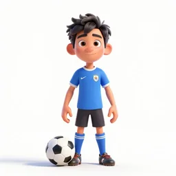 jovial soccer player with ball, stylized pixar-style 3d render, full body, standing, isolated on a pure white background, centered, whole figure in frame, sharp focus, studio lighting