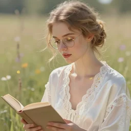 portrait of a beautiful woman with dirty blonde hair in a loose bun, wearing retro glasses and a white silk lace robe, with sparkling hazel eyes, reading a book in a sunlit meadow, by Jeremy Mann, stylized, detailed, loose brush strokes, pastel colors, warm tones, touches of gold leaf