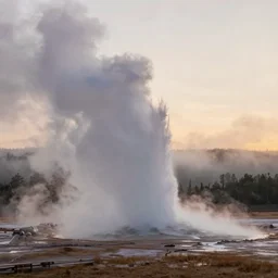 photo of misty morning at yellowstone park geyser erupting at sunset award winning photograph national geographic