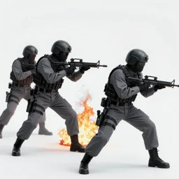 Mercenary Special Forces soldiers in grey uniforms with black armored vest and black helmets assaulting a burning exploding devastated jungle in 2022, Canon EOS R3, f/1.4, ISO 200, 1/160s, 8K, RAW, unedited, symmetrical balance, in-frame, combat photography, colorful