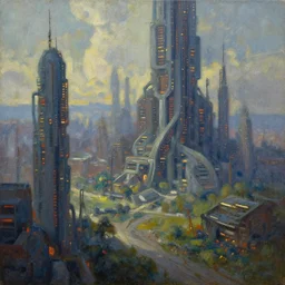 A beautiful landscape oil painting of dystopian cyberpunk city by Greg Rutkowski