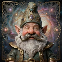 joyous gnome face, reaching nirvana, goofy, silly, dmt, large metal mustache, muted colors, benevolent, nebula background, glowing eyes, detailed realistic surreal retro gnome in full regal attire. face portrait. art nouveau, visionary, baroque, giant fractal details. vertical symmetry by zdzisław beksinski, highly detailed, realistic