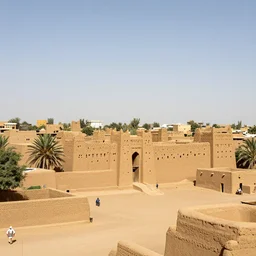 High-quality photography of the main square of an old West African city made of mud bricks, Timbuktu, wide-angle lens, National Geographic