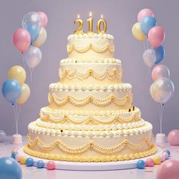 a giant birthday cake with plenty of birthday balloons surrounding it