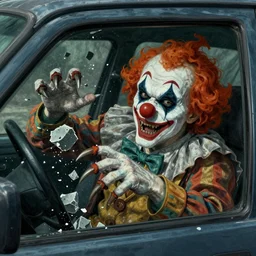 a clown with claws scratching a car window, taking out chunks like it's plastic. view from inside the car. nightmare. art by ilya repin.