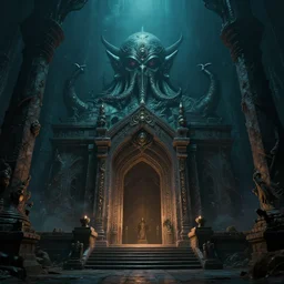 cinematic long shot artwork of the entrance to the temple of cthulhu, dark ambience, lovecraftian colors, 4 k, trending on artstation
