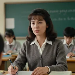 a beautiful female teacher, film still from an obscure 1980s movie