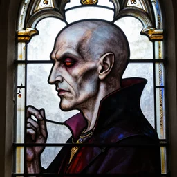 gothic stained glass window, side - view portrait of a very old vampire, grey skin, blemished skin, red eye shadow, bald and shaven, masterful, backlit