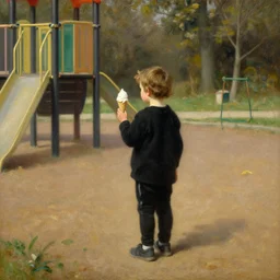 painting by leyendecker of a kid with ice cream, black clothes, in the playground, away from the camera, full body