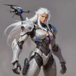 greg manchess portrait painting of a 2 yorha type a no. 2 as overwatch character!! with a drone!, white long hair, organic painting, trending on artstation, by huang guangjian and gil elvgren and sachin teng