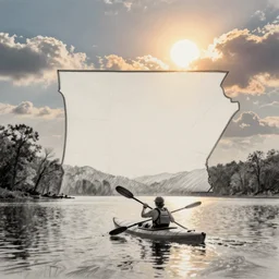 The outline of the State of Arkansas, within the borders of the state a pencil drawing of a person in a kayak on a lake with trees and hills in the background, the sun and clouds in the sky.