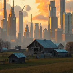 an amish barn raising in the middle of futuristic megalopolis, golden hour, surrealistic