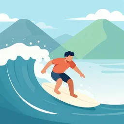 a person surfing a wave, mountains in the background. kurzgesagt style. colorful vector art, material design, animated video still