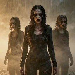 creepy! horror movie characters, fog, rain, volumetric lighting, beautiful, golden hour, sharp focus, ultra detailed, cgsociety