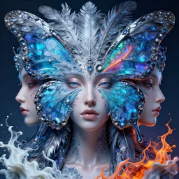 3 d goddess butterfly face portrait, face in the center, beautiful intricate highly detailed quetzalcoatl feathers. glossy, ice, galaxy, plasma, lava, milk, artwork by tooth wu and wlop and beeple and greg rutkowski, 8 k trending on artstation, volumetric lighting