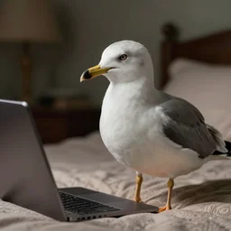 a seagull typing at a computer in it's bedroom, close up, studio portrait