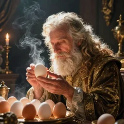 wizard examining eggs, vaporwave.