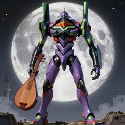 < huge mecha > in the style of < neon genesis evangelion > with a < mechanical moon lute > in arms, movie poster, < full body robot >, 3 d anime, arcane style, retropunk, steampunk, high resolution, 4 k, retrofuturism, studio ghibli, simon stalenhag