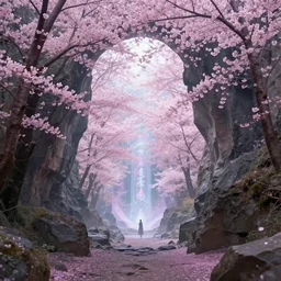 a sakura portal appears out of nowhere in waimea canyon, inside the portal is a gateway to tao zhu yin yuan, otherworldly visuals, visually stunning, divine, scifi, by james jean, ruan jia, ilya kuvshinov, martine johanna, peter mohrbacher