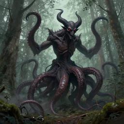 dark demon with tentacles in a swedish forest, very low angle photograph, very detailed, trending on artstation, realistic, soft colors, illustration by john bauer, simon stålenhag