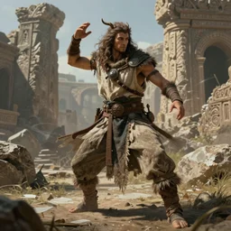 linear gamma, dynamic pose, costume design made by nordic tribes, sophisticated composition, old masters light composition, procedurally generated, dynamic brush strokes, dynamic pose, natural light, dissolution filter, turbulence filter, epic human character posing for concept art, beautiful ancient ruins behind, substance designer, PBR, Ultra detailed, hyperrealistic, megascans, volumetric light, concept by master artist, made in paint tool SAI2, trending pixiv face
