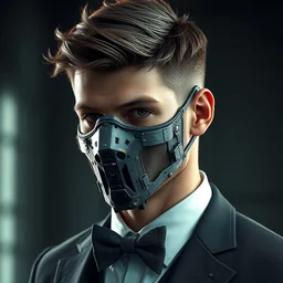a rugged young engineer man with cybernetic enhancements wearing a suit and bowtie, detailed face with mask, octane render, 3 d digital art, unreal engine, scifi character portrait by greg rutkowski, esuthio, craig mullins, octane render, 1 / 4 headshot, cinematic lighting, dystopian scifi gear, gloomy, profile picture, mechanical, half robot, implants, steampunk