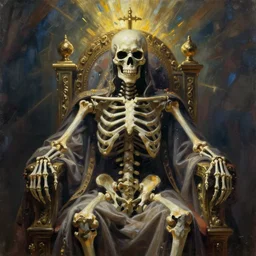 a beautiful painting of a skeletal king sitting on a throne by liam wong, morbid art, ultra realistic, volumetric lighting,